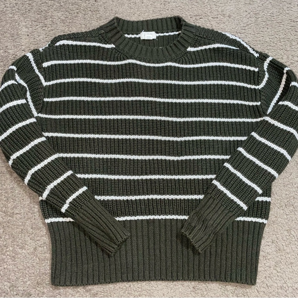a.n.a Dark Green and White Striped Crewneck Sweater